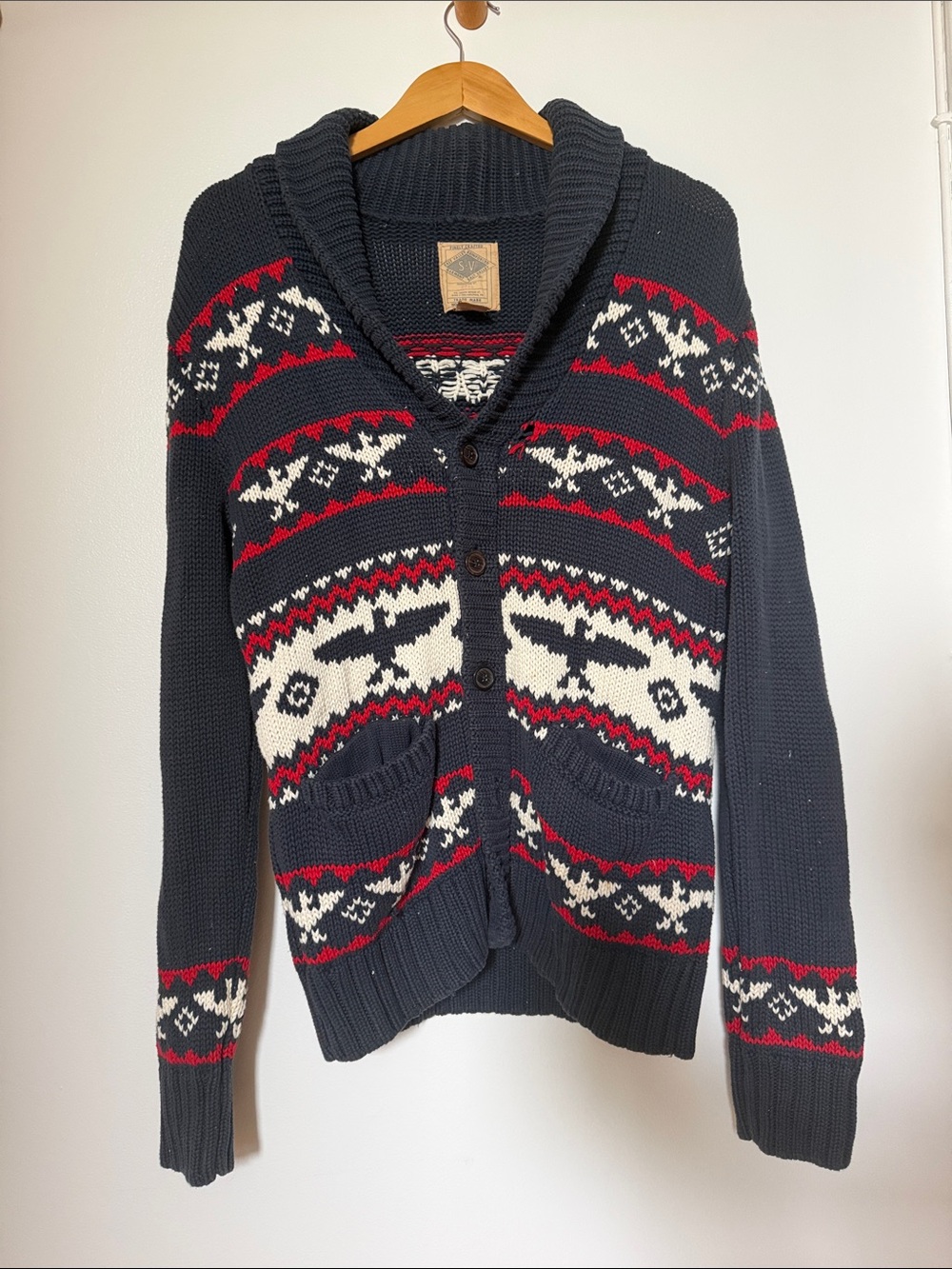 Men's Shawl-Collar Fair Isle Cardigan Sweater - Navy, Red & White